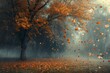 A vibrant forest scene filled with countless leaves dancing through the air in a mesmerizing display, Autumn trees shedding leaves in a stormy weather, AI Generated