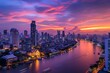 A breathtaking view of a city with a river as it is illuminated by a beautiful sunset, Bangkok's skyline with the Chao Phraya River, AI Generated