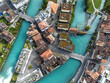 Interlaken, Switzerland: Aerial top down view of the Interlaken old town with the Aar river in Canton Bern in Switzerland.