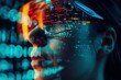 Woman Wearing Glasses With Futuristic City in Background, Binary code visualizations as a representation of virtual reality world, AI Generated