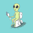 Funny alien sitting on the toilet in bathroom