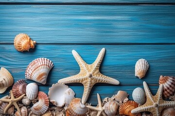 Poster - stock photo of a summer time concept with sea shells and starfish on a blue wooden background Generative AI