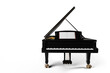 Classic black grand piano with open lid on transparent background