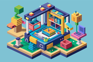 Poster - 3D printer constructing a complex object layer by layer, 3d printing isometric vector in blank background