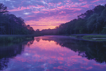 Wall Mural - a pastel lavender sunset over a calm river reflecting a light. a picturesque sunset over a tranquil 