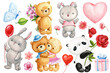 Bunny, Teddy bear, panda with rose and butterfly, Hand painted watercolor illustration isolated background. Cute animal
