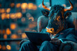 © photo for everything - A bull wearing a suit sitting on a chair using the tablet for trade stock