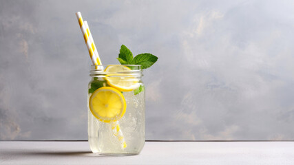 Lemonade with lemon, mint and ice in a glass on a gray background.