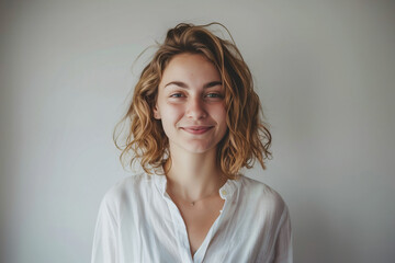 Wall Mural - The Radiance of Casual Beauty: A Young Woman's Relaxed and Confident Portrait Against a Softly Lit Background