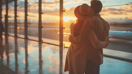 Wall Mural - A couple embracing at an airport terminal window with a view of the sky, AI