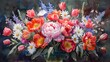 A vibrant bouquet of mixed flowers in watercolor, including tulips, peonies, and daisies, bursting with colors