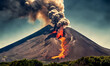 Spectacular volcano eruption with lava floating from the mountain and black smoke rising to the sky.