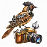 Fototapeta Dmuchawce - ptak steampunk aparat fotograficzny