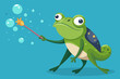 A frog blowing bubbles with a wand made of a flower stem