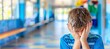 © Ilja - Teenage boy crying in school corridor, blurred background, space for text, educational struggles
