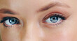 Makeup, lens and blue eyes with natural iris color for long eyelashes and mascara. Cosmetic, optical and closeup of awake woman with vision, sight and eyecare for dilating pupil for optometry.