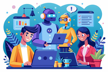 Aufkleber - AI assistant characters collaborating on a digital project