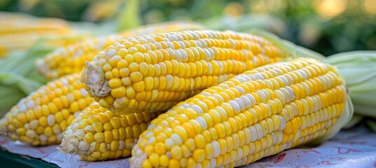 Wall Mural - Vivid background of freshly harvested sweet corn from the lush and vibrant farm fields