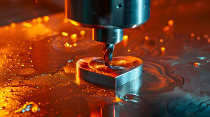 Wall Mural - expert cnc milling: crafting a heart-shape in metal against red hues