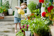 Cute little boy watering flower beds in the back yard at summer day. Child using watering can to water plants. Kid helping with everyday chores.