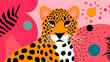Illustration d'une guépard sur un fond rose et coloré. Félin, animal sauvage, faune. Dessin, art, motifs. Pour conception et création graphique.