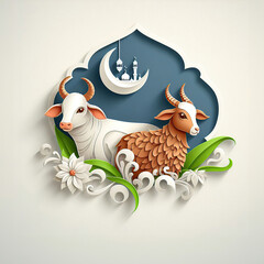 Wall Mural - Eid Al Adha Mubarak illustration banner with cow and goat paper cut effect on isolated background. Al Adha Mubarak Muslim celebration day banner design