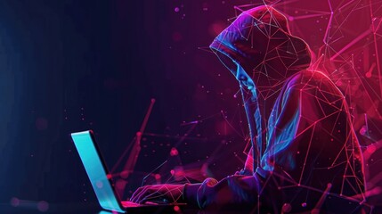 Wall Mural - Abstract polygonal hacker with laptop on technology dark background. Cyber attack and cyber security concepts. Computer hacking. Digital technology. AI generated