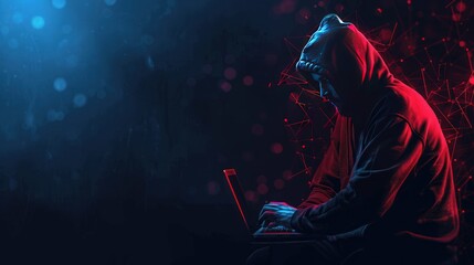 Wall Mural - Abstract polygonal hacker with laptop on technology dark background. Cyber attack and cyber security concepts. Computer hacking. Digital technology. AI generated