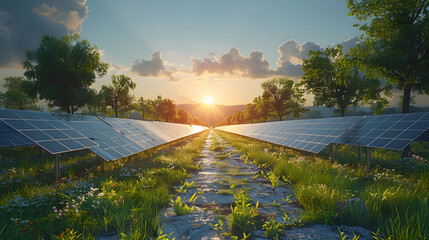 Wall Mural - Solar panels (solar cells) in solar farms with sunlighting create the clean electric power
