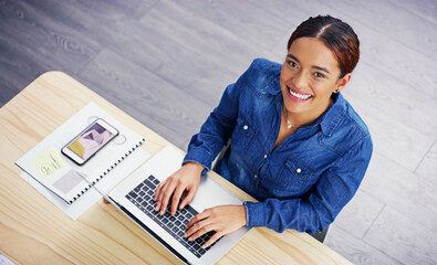Poster - Portrait, African woman and typing by table for top view, writing email and creative agency with coding. Tech, black designer and keyboard in workplace with website testing and layout for web project