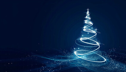 abstract glowing christmas tree created with light trails on a dark blue background