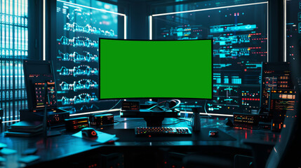 Wall Mural - Green screen in an AI analysis room on computer screens in a large high-tech data center. The concept of web services, machine learning, cybersecurity 41