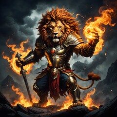 Wall Mural - Lion King roarring in flames...