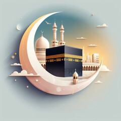 Sticker - Eid Mubarak design with Kaaba and minarets for hajj with Arabic text means - Islamic background on the sky, clouds, and moon 