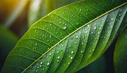 Wall Mural - A majestic close-up of a mango leaf, showcasing its large size and velvety texture. The leaf