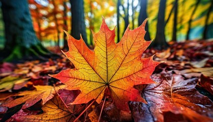 Wall Mural - A majestic close-up of a maple leaf, showcasing its vibrant hues of red, orange, and yellow.