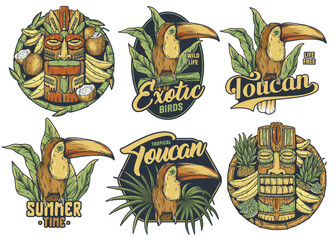 Wall Mural - Set of vividly tiki masks and exotic birds for summer prints and hawaiian designs. Hawaii wooden tiki mask collection. Traditional ethnic idol of maori or polynesian. Old tribal totem for tiki bar