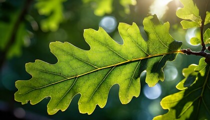 Wall Mural - An elegant close-up of an oak leaf, displaying its rich green color and distinctive lobed