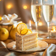 piece of yellow celebration birthday cake with lemon with glasses of champagne