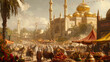 Bustling Eastern Marketplace with Majestic Mosque, An evocative scene of a vibrant Eastern bazaar, bustling with activity in the shadow of a grand, ornate mosque.