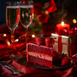 piece of red celebration birthday cake with strawberry