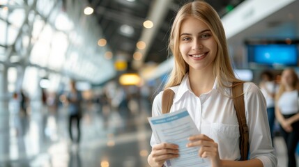 Wall Mural - A woman holding a piece of paper in an airport, AI