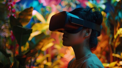 Poster - Young Woman Experiencing Virtual Reality in a Vibrant Garden