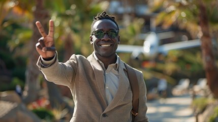 Canvas Print - A man in a suit and sunglasses giving the peace sign, AI