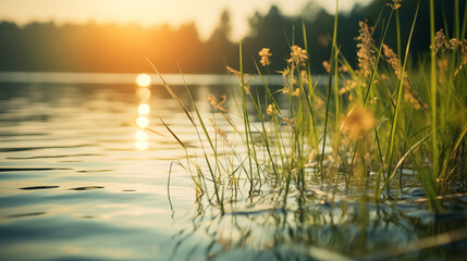 Wall Mural - Paysage d'un coucher de soleil sur un lac en arrière-plan, avec au premier plan des herbes, plantes. Arrière-plan de flou. Reflet du soleil sur l'eau. Pour conception et création graphique.