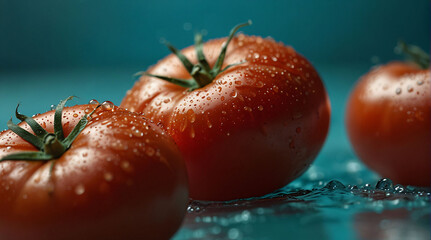 Close-up of juicy tomatoes, splashing water drops on a clean turquoise space background.