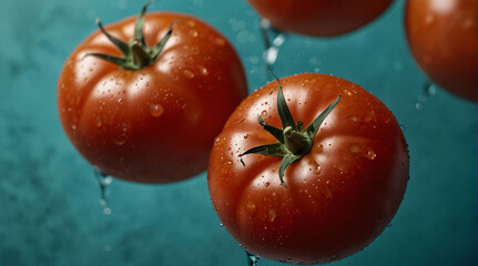 Close-up of juicy tomatoes, splashing water drops on a clean turquoise space background.