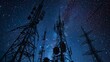 Radio antenna array under starry night, tight shot, long-range transmission, broadcasting power