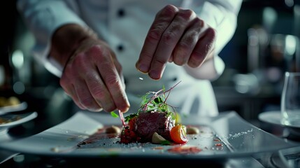 Poster - Chef garnishing a dish, tight shot, culinary art, fine dining, hospitality excellence 