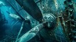 Ship propeller underwater, tight shot, engineering marvel, propulsion power, beneath the waves 